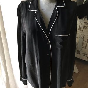 Equipment chic black pajama top white trim